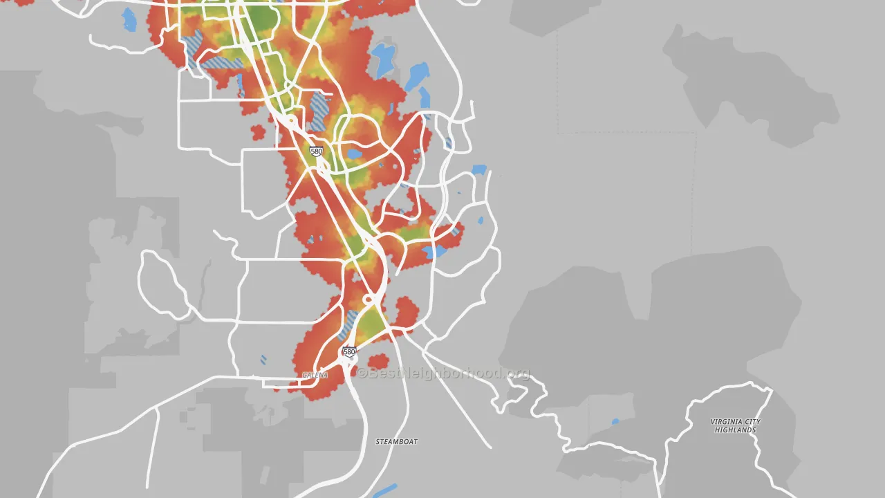 Walk Grade map of 89521, NV, walkable areas in green and car-dependent areas in red