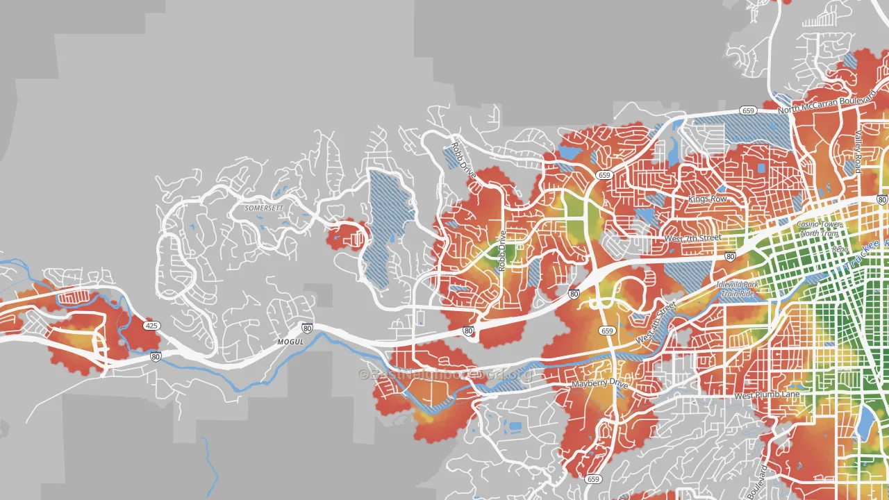 Walk Grade map of 89523, NV, walkable areas in green and car-dependent areas in red