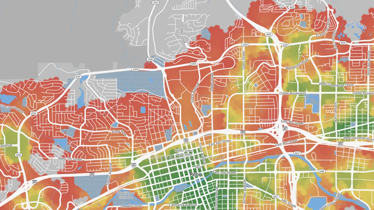 Walk Grade map of 89557, NV, walkable areas in green and car-dependent areas in red