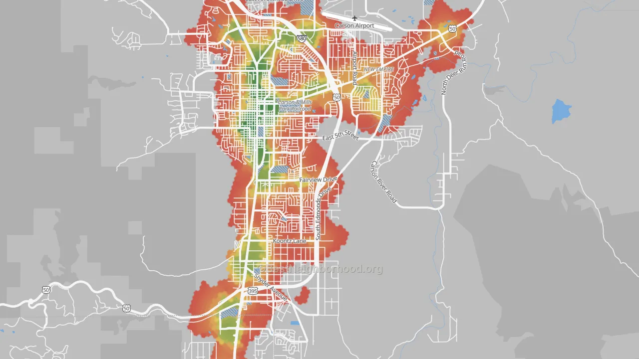 Walk Grade map of 89701, NV, walkable areas in green and car-dependent areas in red