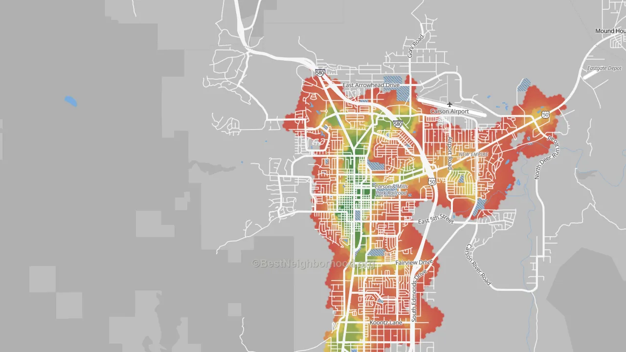Walk Grade map of 89703, NV, walkable areas in green and car-dependent areas in red