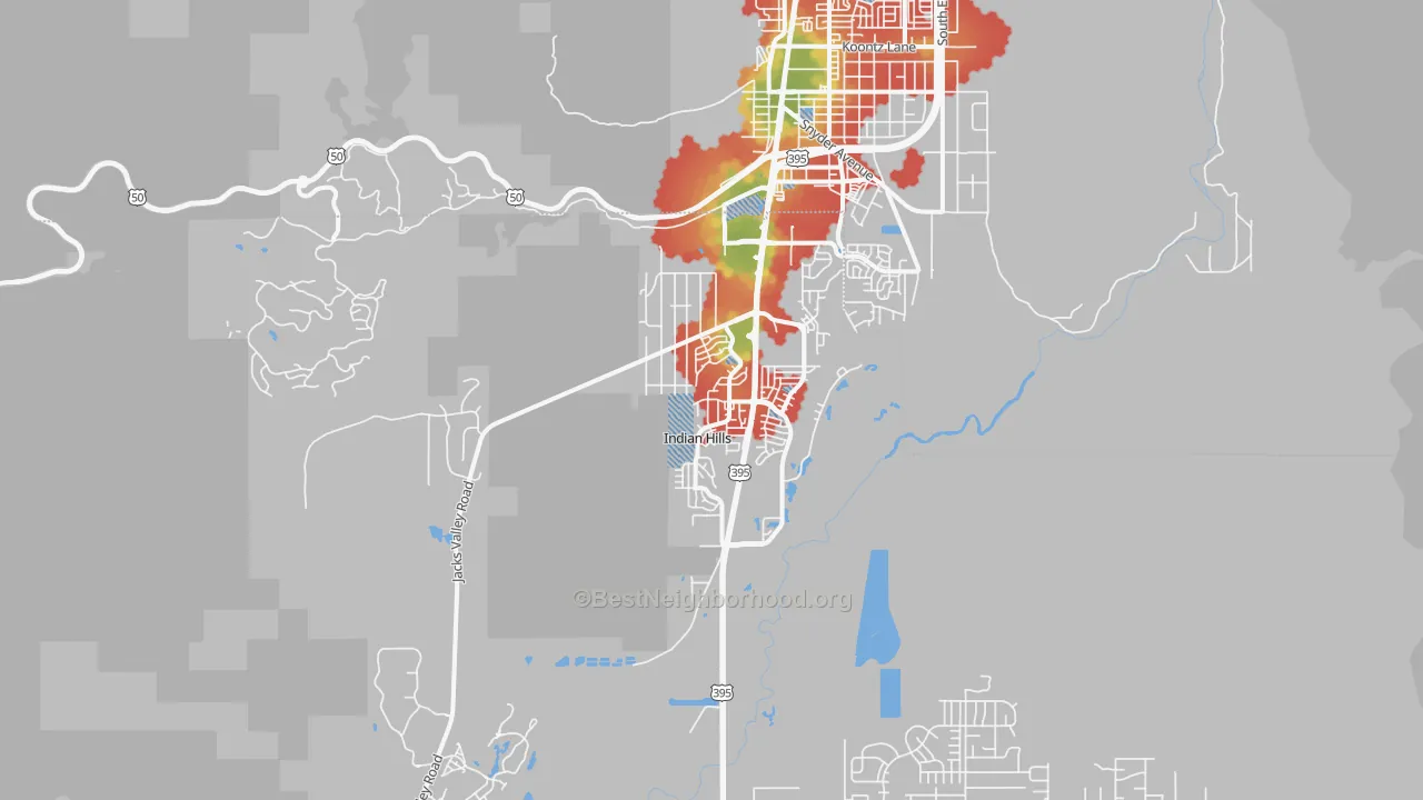 Walk Grade map of 89705, NV, walkable areas in green and car-dependent areas in red