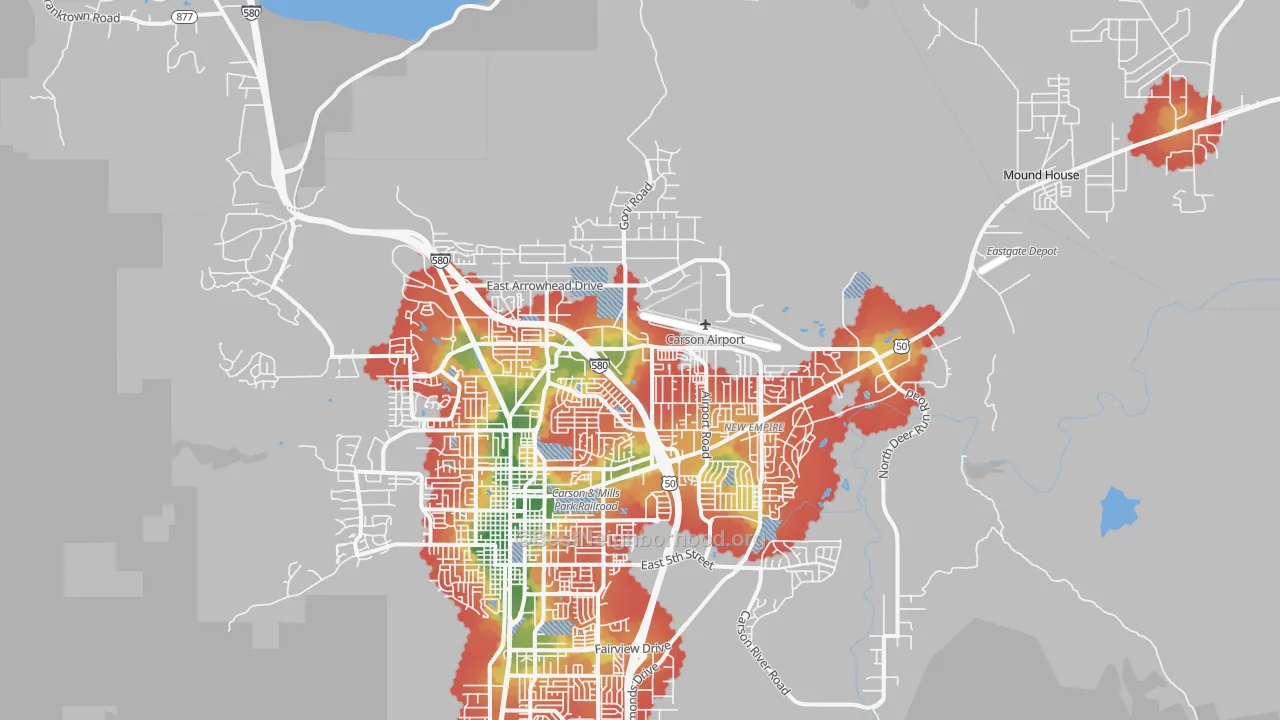 Walk Grade map of 89706, NV, walkable areas in green and car-dependent areas in red