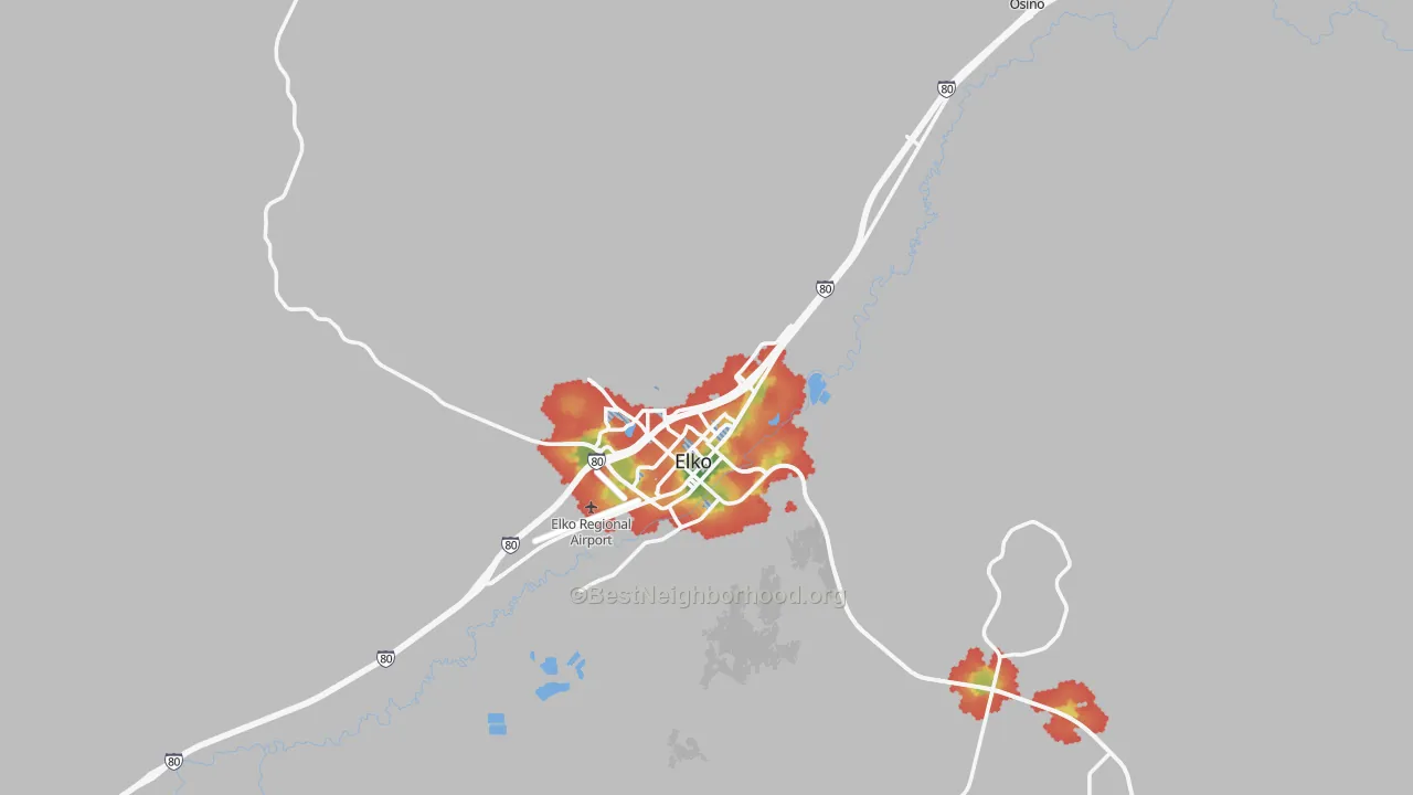 Walk Grade map of 89801, NV, walkable areas in green and car-dependent areas in red