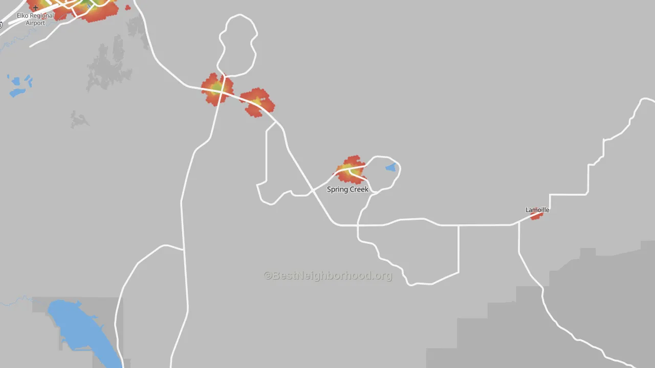 Walk Grade map of 89815, NV, walkable areas in green and car-dependent areas in red