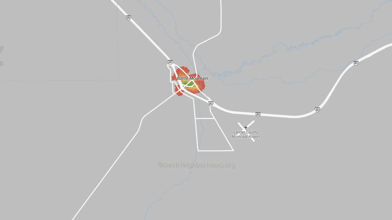 Walk Grade map of 89820, NV, walkable areas in green and car-dependent areas in red