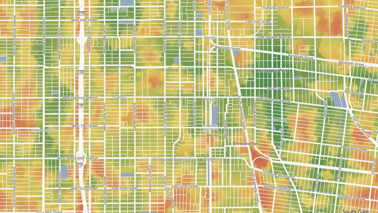 Walk Grade map of 90001, CA, walkable areas in green and car-dependent areas in red