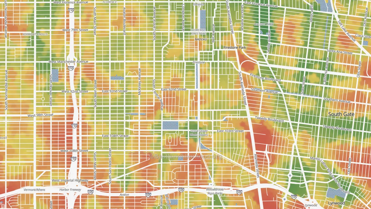 Walk Grade map of 90002, CA, walkable areas in green and car-dependent areas in red