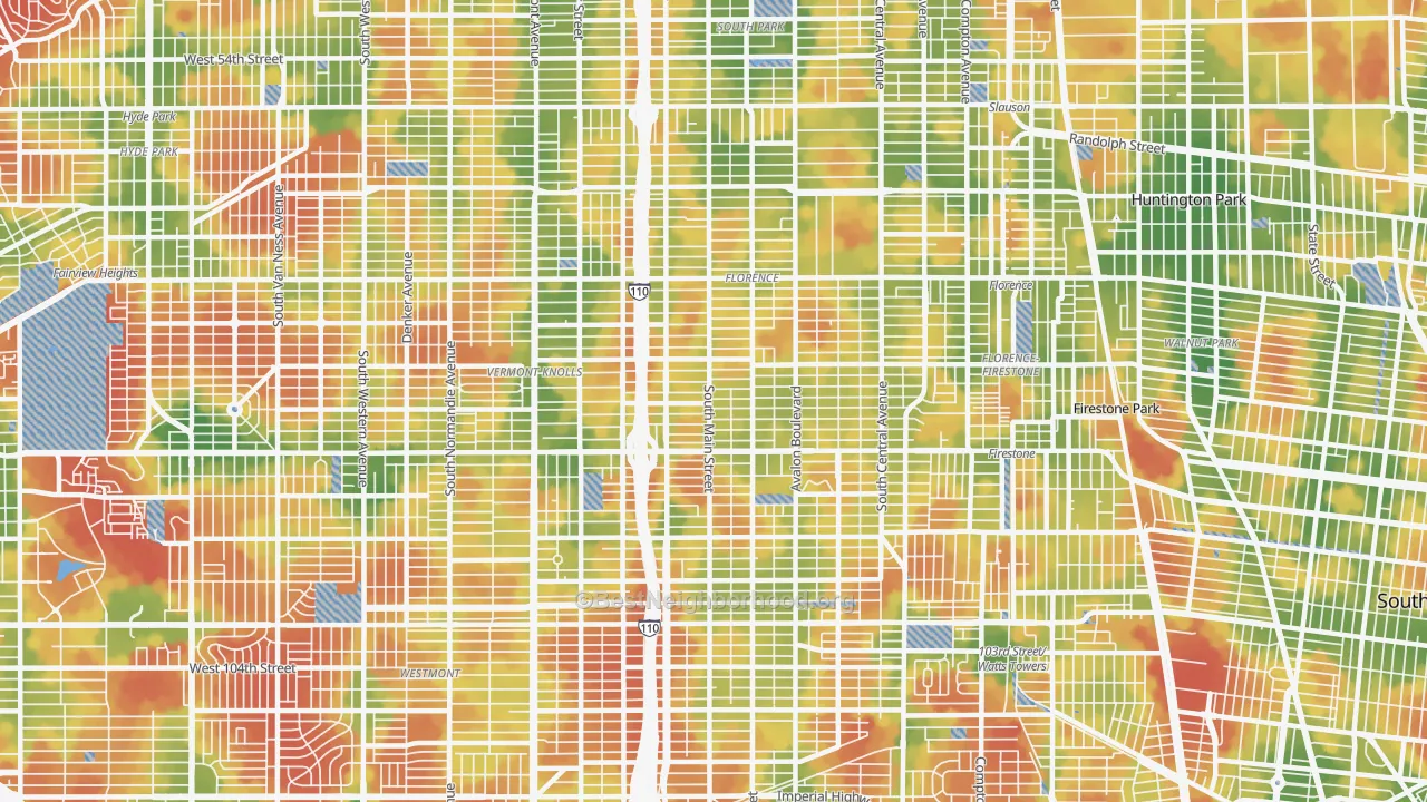 Walk Grade map of 90003, CA, walkable areas in green and car-dependent areas in red