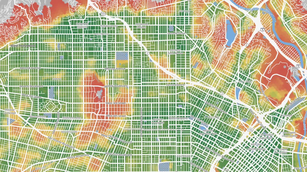 Walk Grade map of 90004, CA, walkable areas in green and car-dependent areas in red