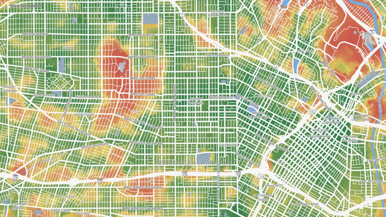 Walk Grade map of 90005, CA, walkable areas in green and car-dependent areas in red