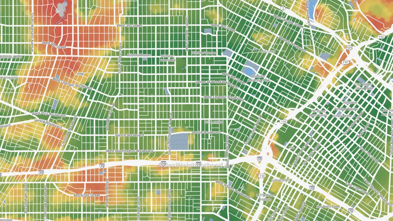 Walk Grade map of 90006, CA, walkable areas in green and car-dependent areas in red
