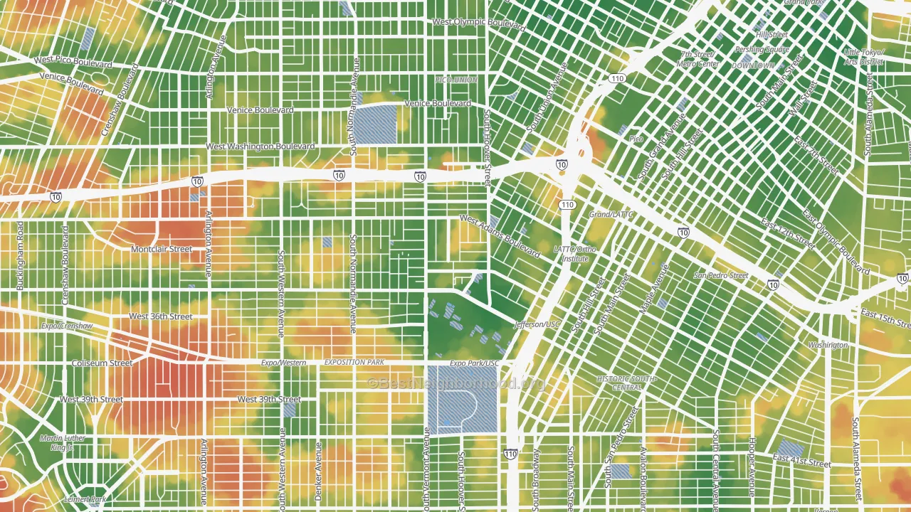 Walk Grade map of 90007, CA, walkable areas in green and car-dependent areas in red