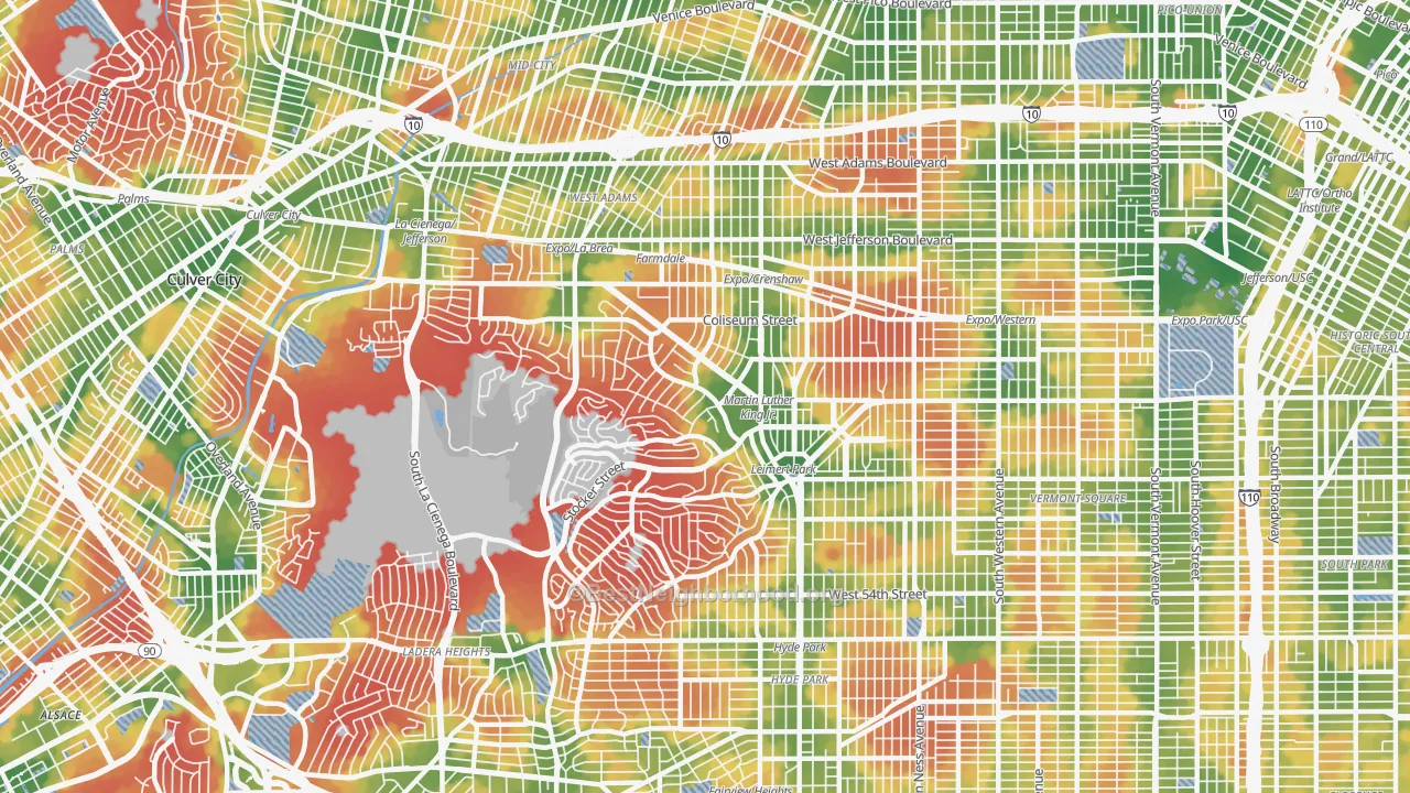 Walk Grade map of 90008, CA, walkable areas in green and car-dependent areas in red