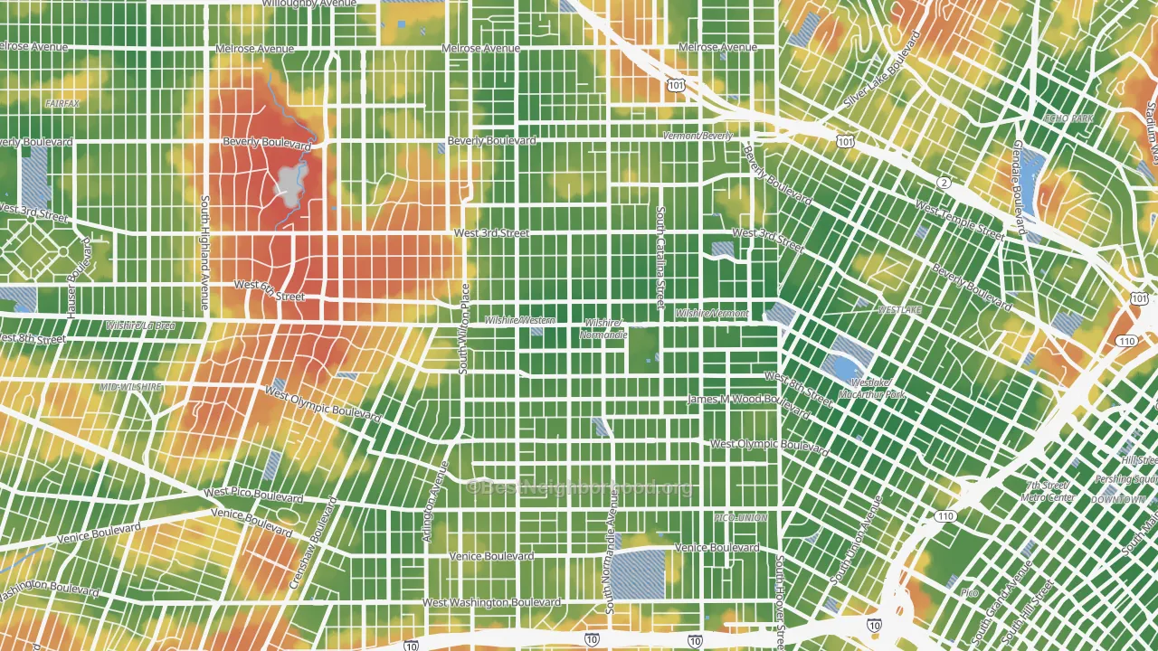 Walk Grade map of 90010, CA, walkable areas in green and car-dependent areas in red