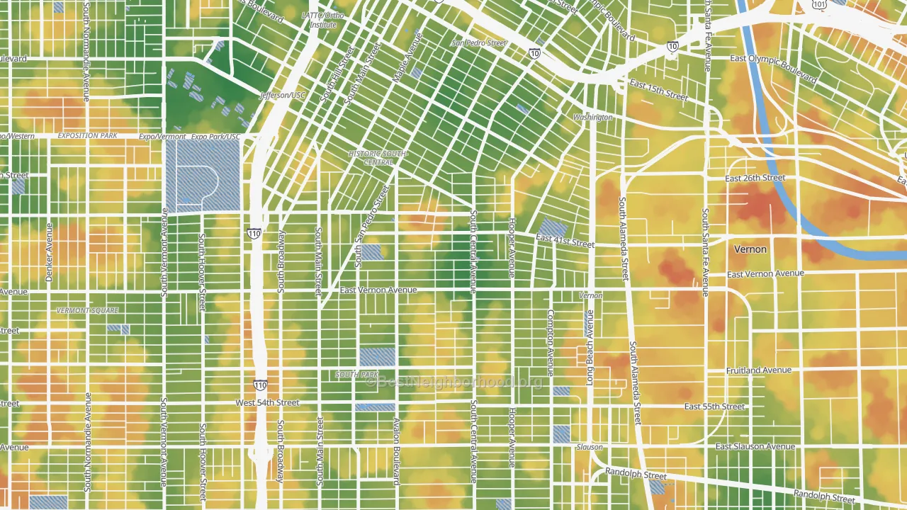 Walk Grade map of 90011, CA, walkable areas in green and car-dependent areas in red