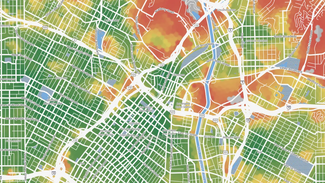 Walk Grade map of 90012, CA, walkable areas in green and car-dependent areas in red