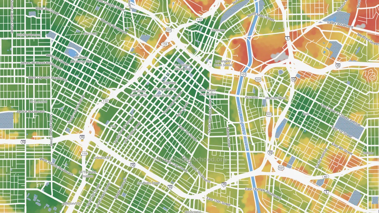 Walk Grade map of 90013, CA, walkable areas in green and car-dependent areas in red