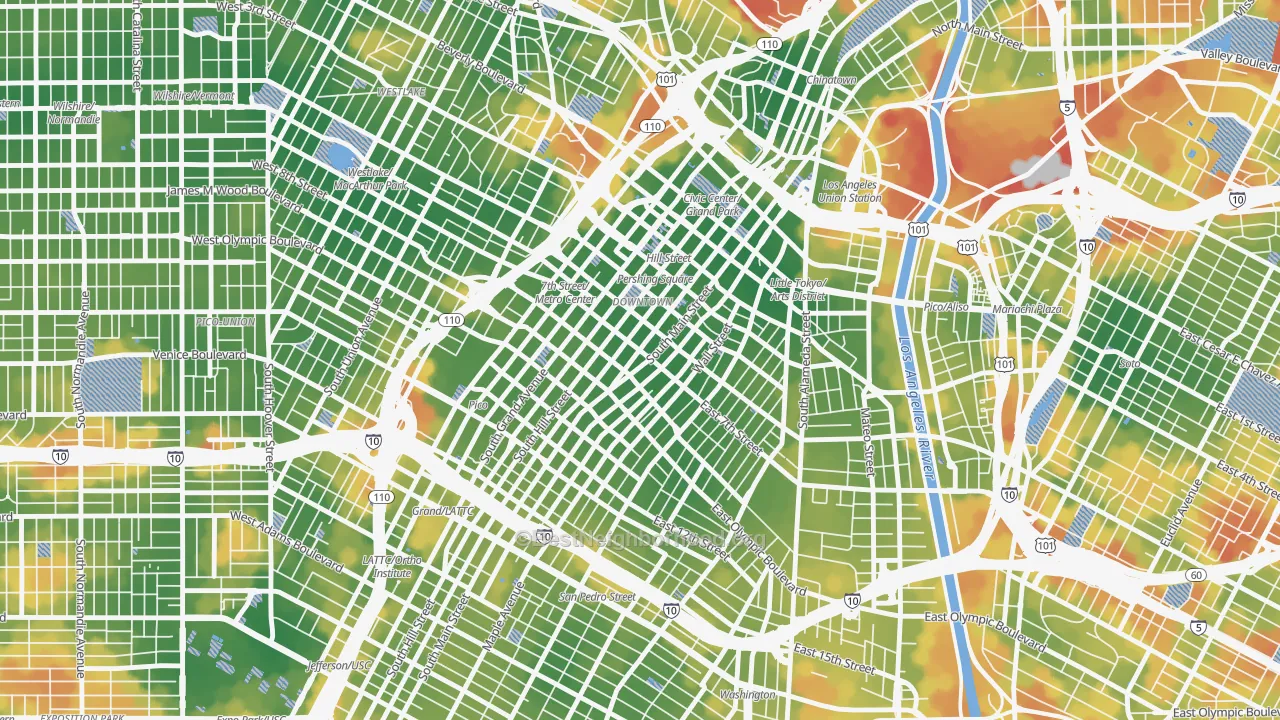 Walk Grade map of 90014, CA, walkable areas in green and car-dependent areas in red
