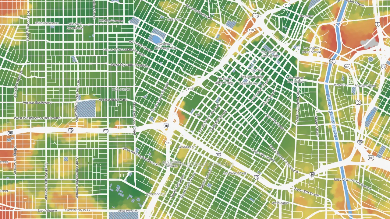 Walk Grade map of 90015, CA, walkable areas in green and car-dependent areas in red