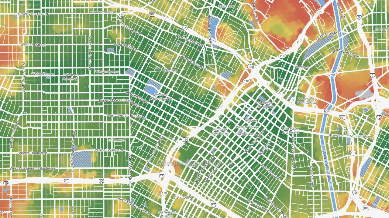 Walk Grade map of 90017, CA, walkable areas in green and car-dependent areas in red
