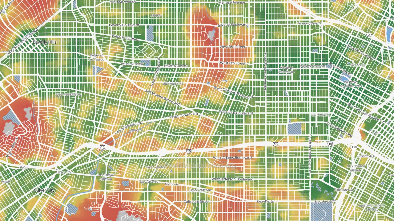 Walk Grade map of 90019, CA, walkable areas in green and car-dependent areas in red