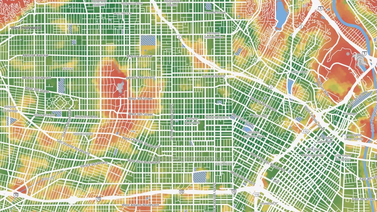 Walk Grade map of 90020, CA, walkable areas in green and car-dependent areas in red