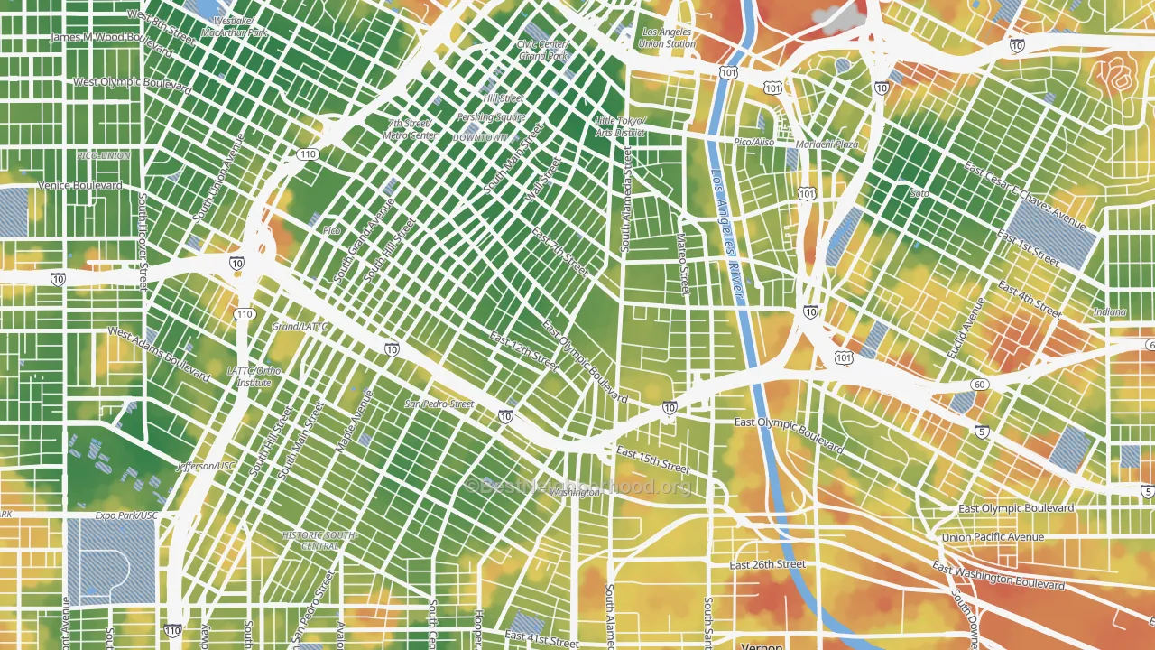 Walk Grade map of 90021, CA, walkable areas in green and car-dependent areas in red