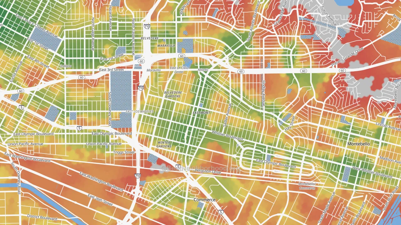 Walk Grade map of 90022, CA, walkable areas in green and car-dependent areas in red