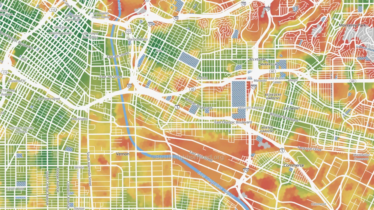 Walk Grade map of 90023, CA, walkable areas in green and car-dependent areas in red