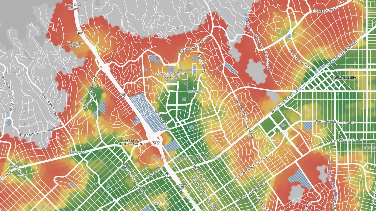 Walk Grade map of 90024, CA, walkable areas in green and car-dependent areas in red