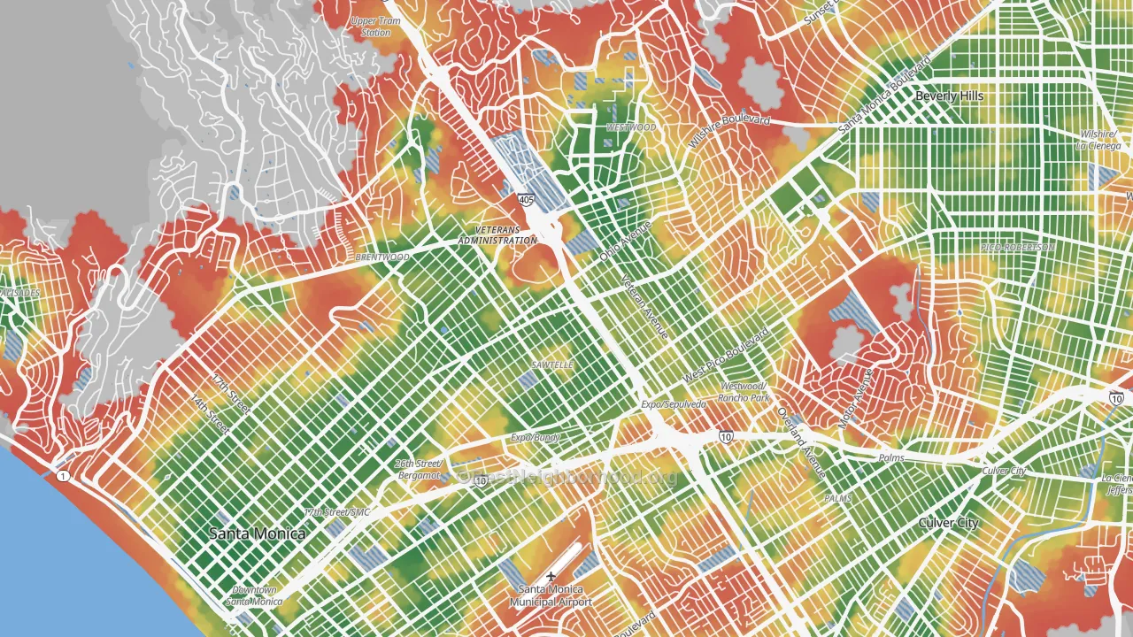 Walk Grade map of 90025, CA, walkable areas in green and car-dependent areas in red