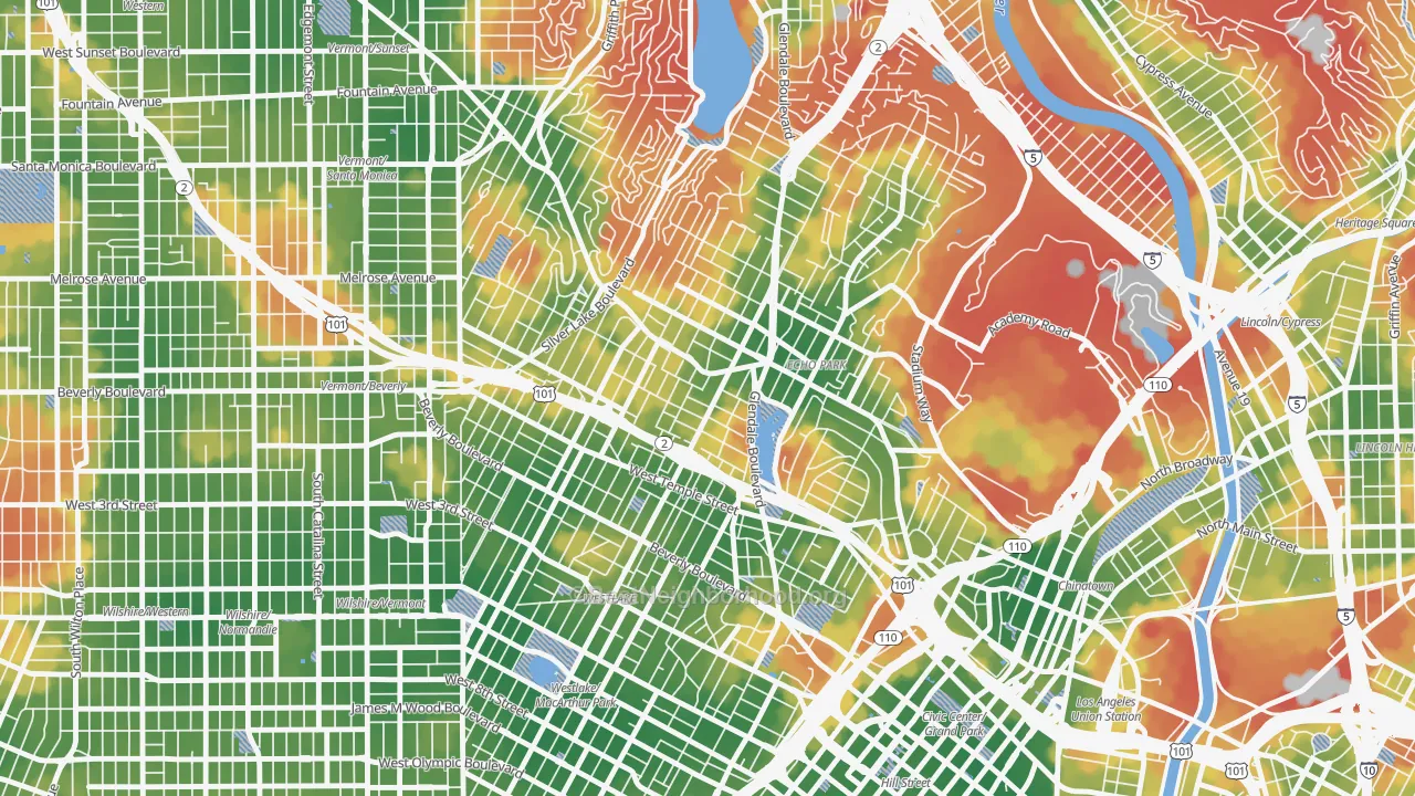 Walk Grade map of 90026, CA, walkable areas in green and car-dependent areas in red