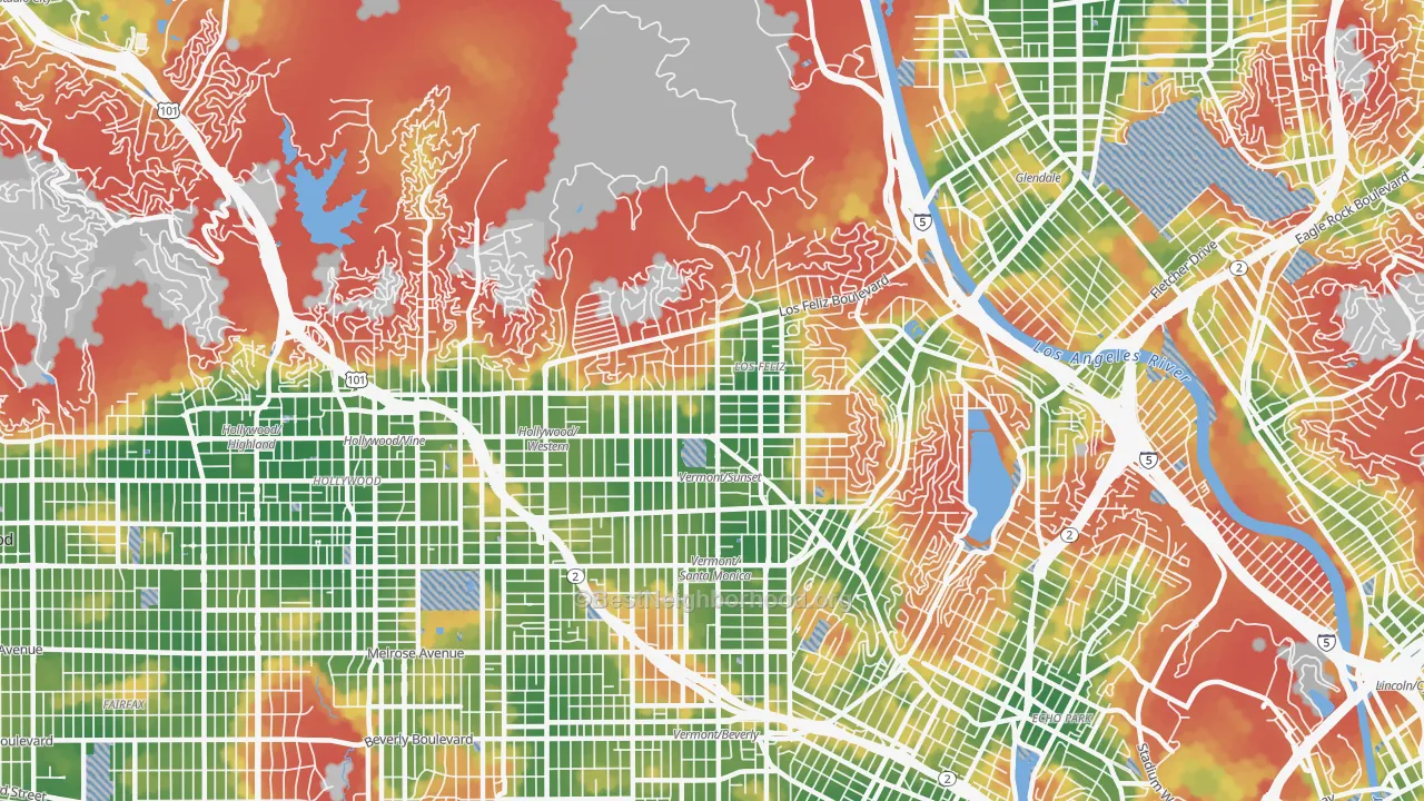 Walk Grade map of 90027, CA, walkable areas in green and car-dependent areas in red