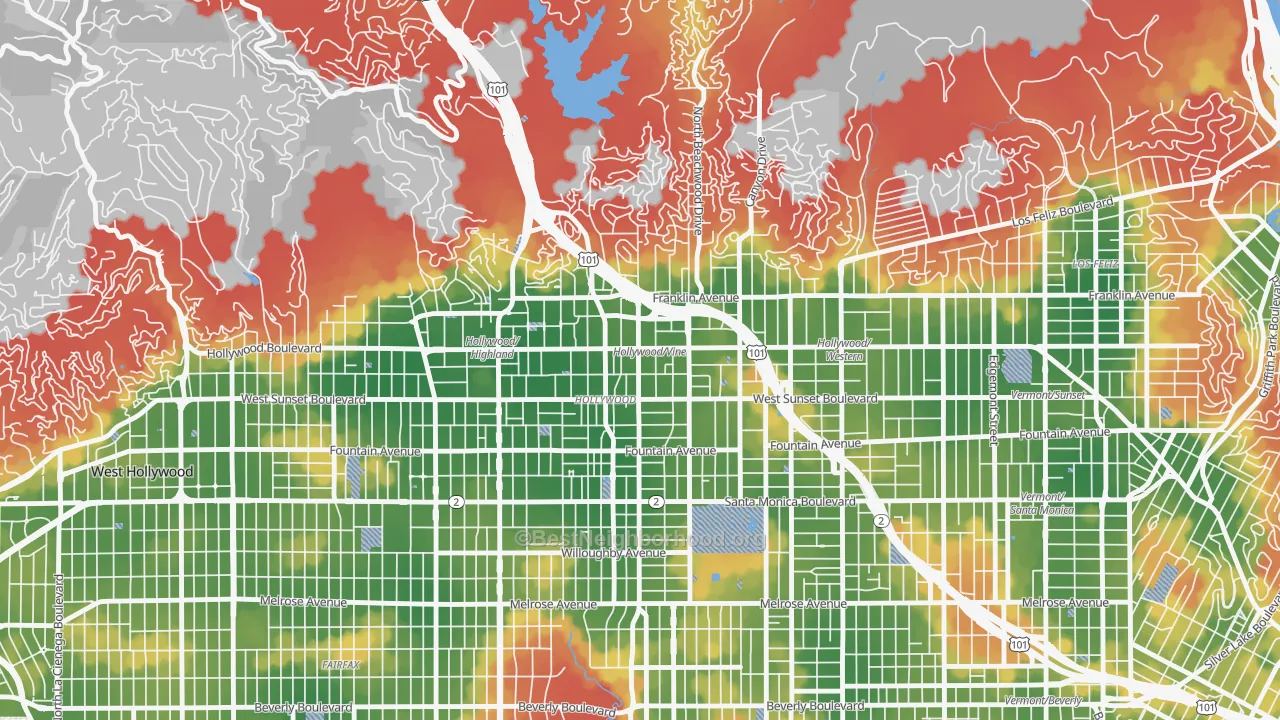 Walk Grade map of 90028, CA, walkable areas in green and car-dependent areas in red