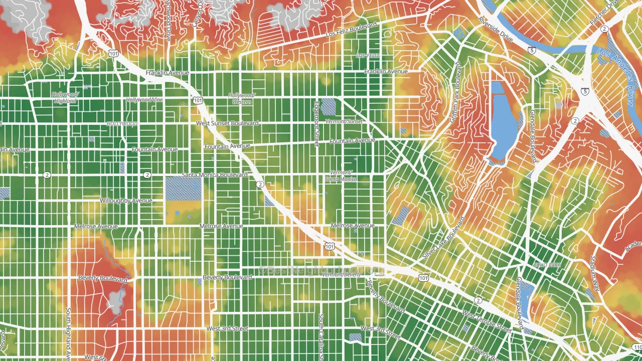 Walk Grade map of 90029, CA, walkable areas in green and car-dependent areas in red