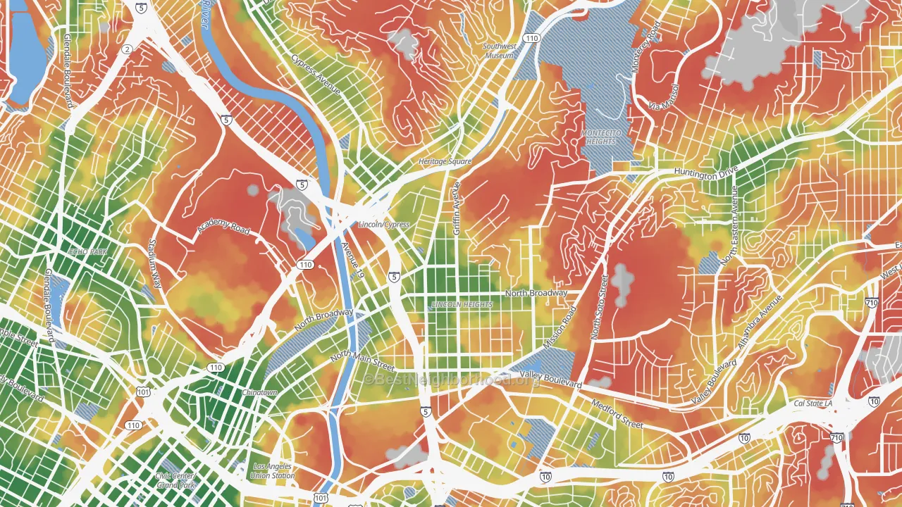 Walk Grade map of 90031, CA, walkable areas in green and car-dependent areas in red