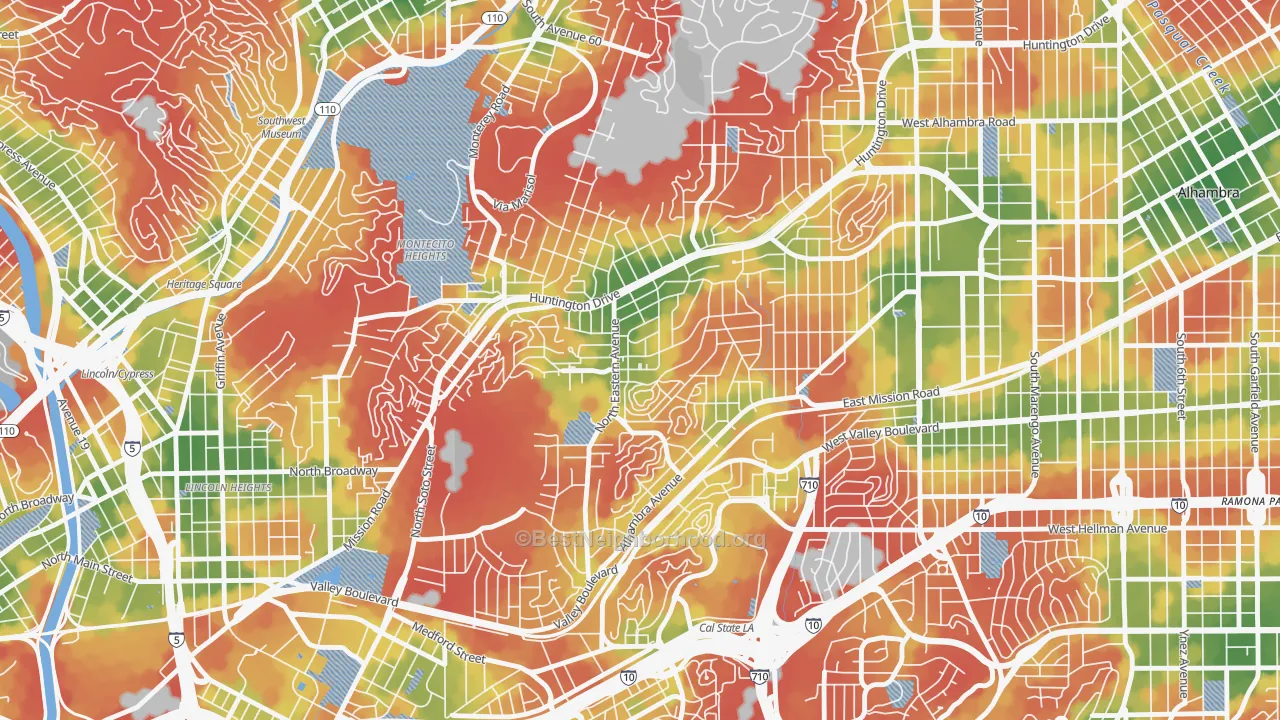 Walk Grade map of 90032, CA, walkable areas in green and car-dependent areas in red