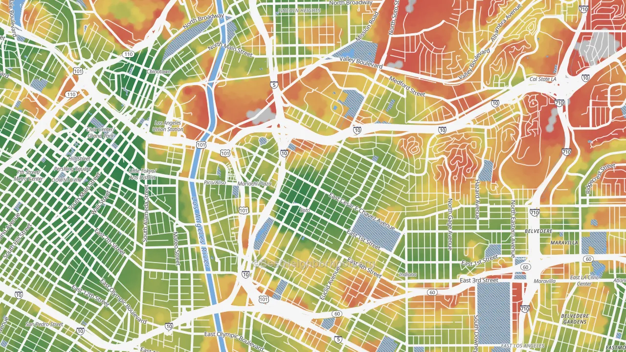 Walk Grade map of 90033, CA, walkable areas in green and car-dependent areas in red