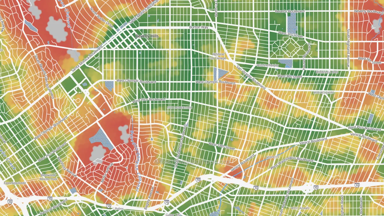 Walk Grade map of 90035, CA, walkable areas in green and car-dependent areas in red