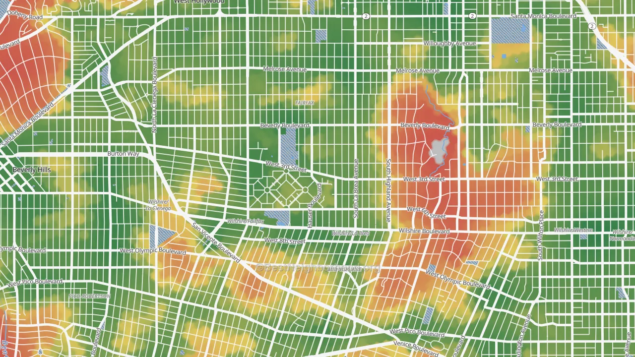 Walk Grade map of 90036, CA, walkable areas in green and car-dependent areas in red