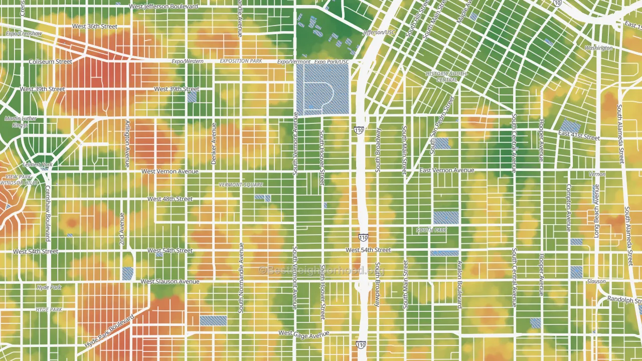 Walk Grade map of 90037, CA, walkable areas in green and car-dependent areas in red