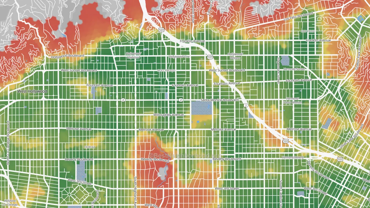 Walk Grade map of 90038, CA, walkable areas in green and car-dependent areas in red