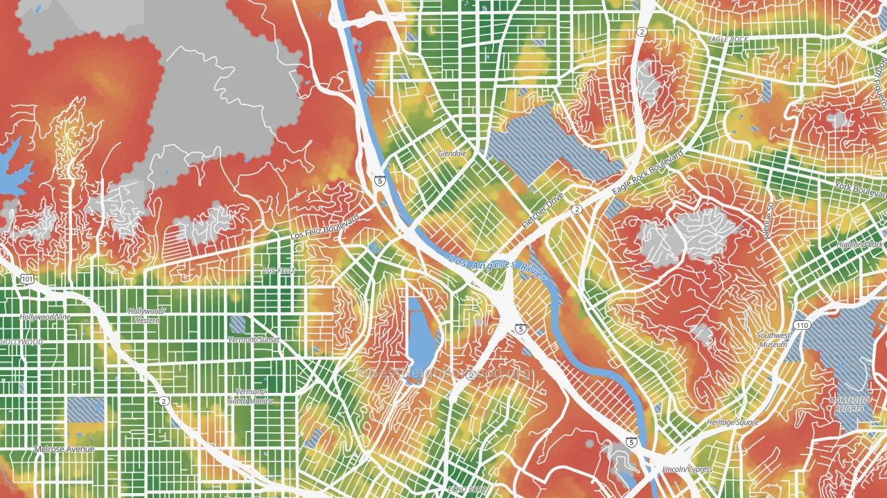Walk Grade map of 90039, CA, walkable areas in green and car-dependent areas in red