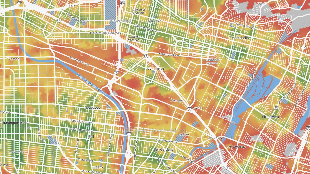 Walk Grade map of 90040, CA, walkable areas in green and car-dependent areas in red