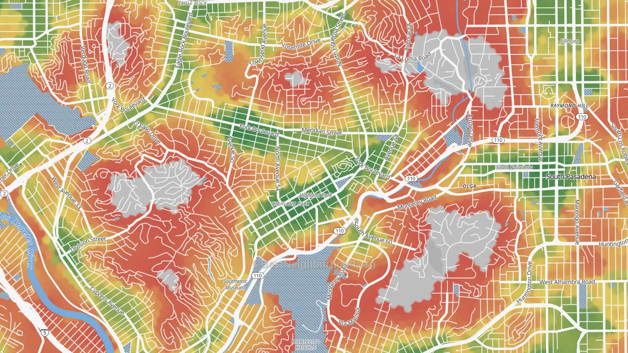 Walk Grade map of 90042, CA, walkable areas in green and car-dependent areas in red