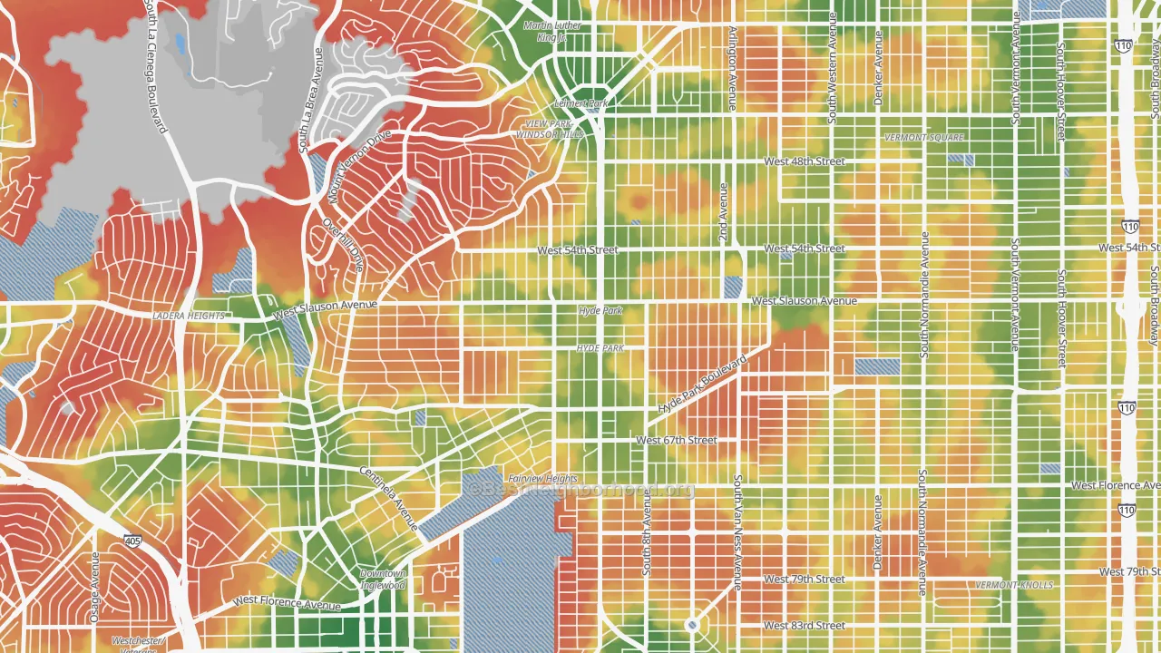 Walk Grade map of 90043, CA, walkable areas in green and car-dependent areas in red