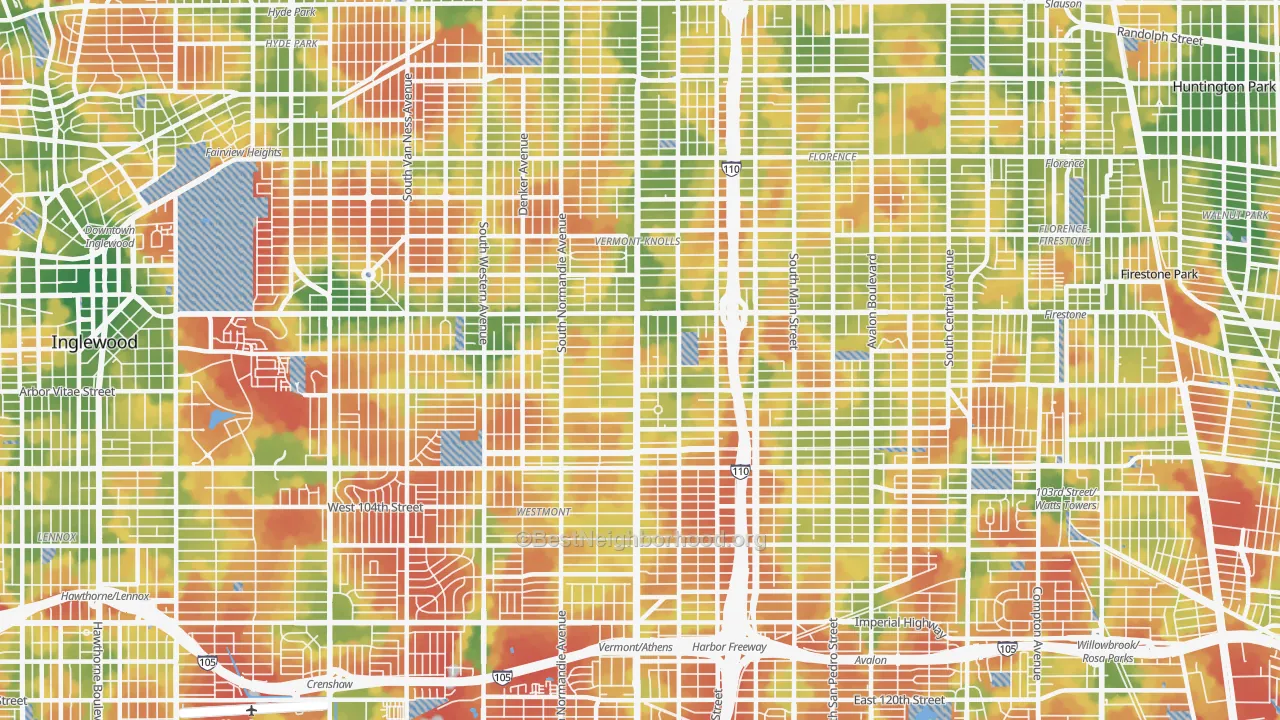 Walk Grade map of 90044, CA, walkable areas in green and car-dependent areas in red