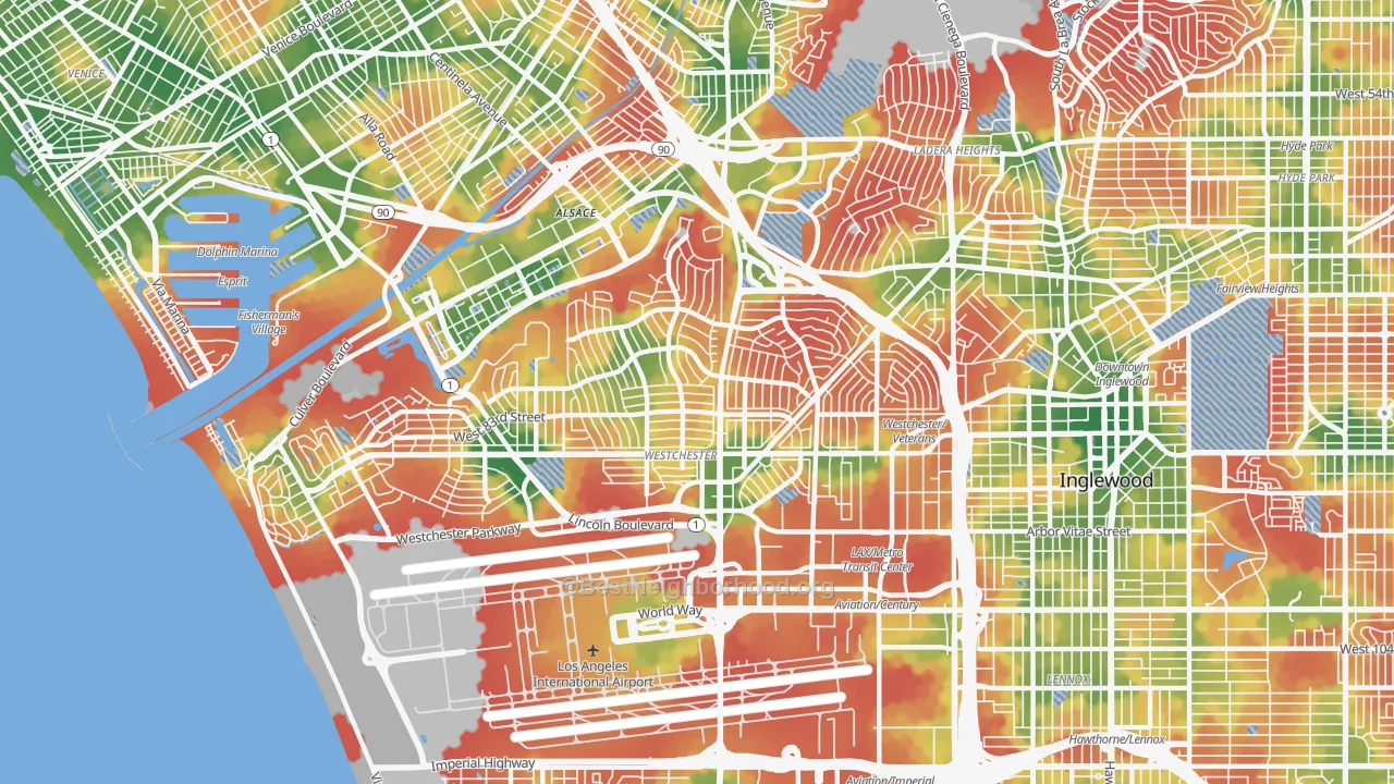 Walk Grade map of 90045, CA, walkable areas in green and car-dependent areas in red