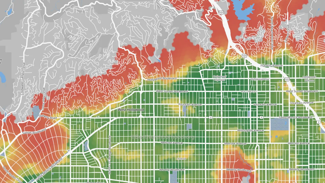 Walk Grade map of 90046, CA, walkable areas in green and car-dependent areas in red